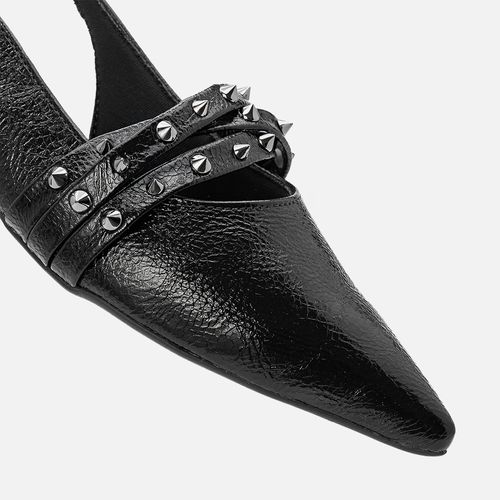 Sapatilha Aberta Slingback Bico Fino Tiras Finas Tachas Spike de Pirâmide Feminino Milano Preto 13917