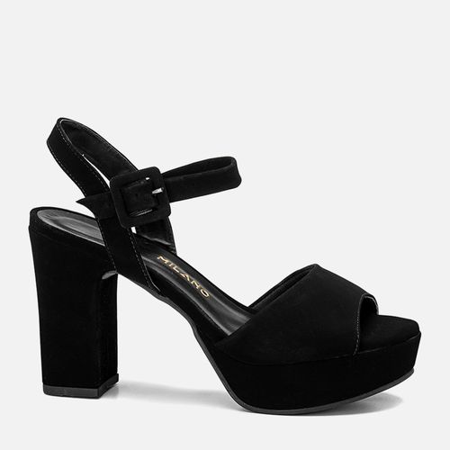 Sandália Plataforma Salto Alto Bloco Meia Pata Tira Larga Slide Bico Arredondado Feminino Milano Preto 13975