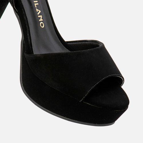 Sandália Plataforma Salto Alto Bloco Meia Pata Tira Larga Slide Bico Arredondado Feminino Milano Preto 13975