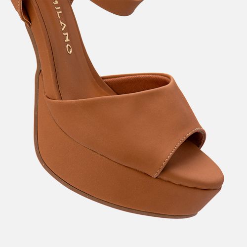 Sandália Plataforma Salto Alto Bloco Meia Pata Tira Larga Slide Bico Arredondado Feminino Milano Caramelo 13975