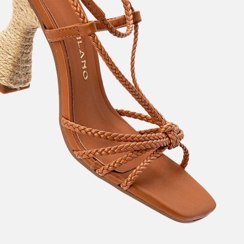 Sandália Salto Alto Flare Geométrico Revestido Corda Natural Bico Quadrado Tiras Fininhas Trançadas Cruzadas Feminino Milano Caramelo 13977