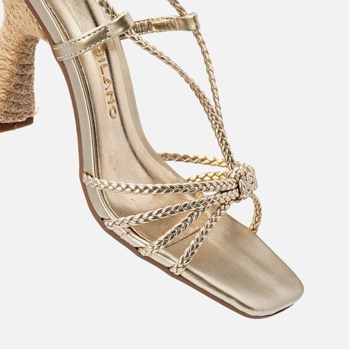 Sandália Salto Alto Flare Geométrico Revestido Corda Natural Bico Quadrado Tiras Fininhas Trançadas Cruzadas Feminino Milano Ouro Light 13977