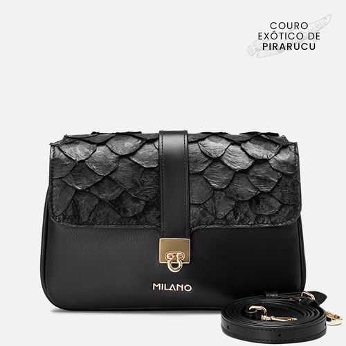 Bolsa 2 em 1 Tiracolo Transversal ou de Mão Média Feita em Couro Exótico Pirarucu e Couro Bovino Detalhe Corrente Dourada Feminina Milano Preta 13896