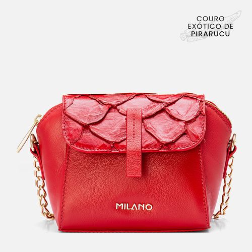 Bolsa Tiracolo ou Transversal Pequena Feita Mix Couro Exótico Pirarucu e Bovino Aba Frontal Alça Corrente Feminina Milano Vermelho/vermelho 13893