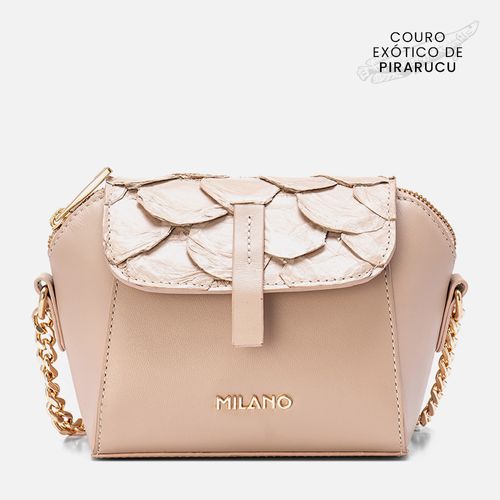 Bolsa Tiracolo ou Transversal Pequena Feita Mix Couro Exótico Pirarucu e Bovino Aba Frontal Alça Corrente Feminina Milano Nude/nude 13893