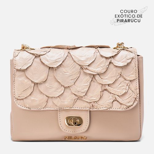 Bolsa Tiracolo ou Transversal Média Feita em Couro de Pirarucu com Alça Corrente Feminina Milano Nude/nude 13626