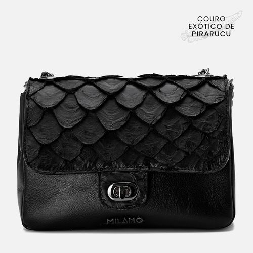 Bolsa Tiracolo ou Transversal Média Feita em Couro de Pirarucu com Alça Corrente Feminina Milano Preto/preto 13626