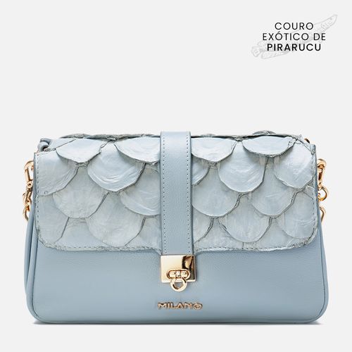 Bolsa 2 em 1 Tiracolo Transversal ou de Mão Média em Couro Exótico Pirarucu e Couro Bovino Detalhe Corrente Dourada Feminina Milano Azul 13896