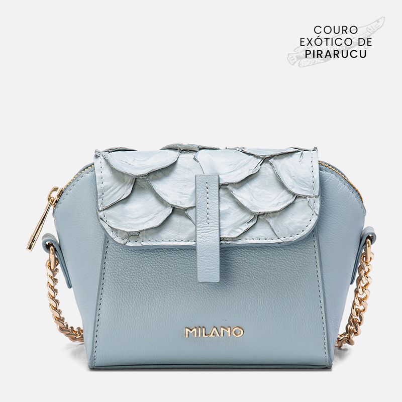 Bolsa-Tiracolo-ou-Transversal-Pequena-Feita-Mix-Couro-Exotico-Pirarucu-e-Bovino-Aba-Frontal-Alca-Corrente-Feminina-Milano-Azul-Skyazul-Sky-
