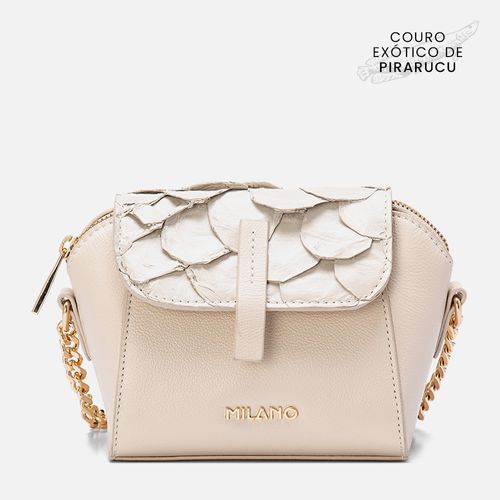 Bolsa Tiracolo ou Transversal Pequena Feita Mix Couro Exótico Pirarucu e Bovino Aba Frontal Alça Corrente Feminina Milano Off White 13893