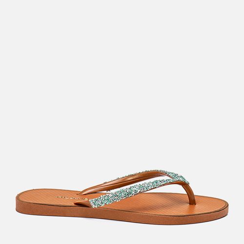 Sandália tipo Chinelo Emborrachado de Dedo Brilho Mix Pedrarias Cristais Esferas Tira Texturizada com Vira Feminino Milano Azul 13866