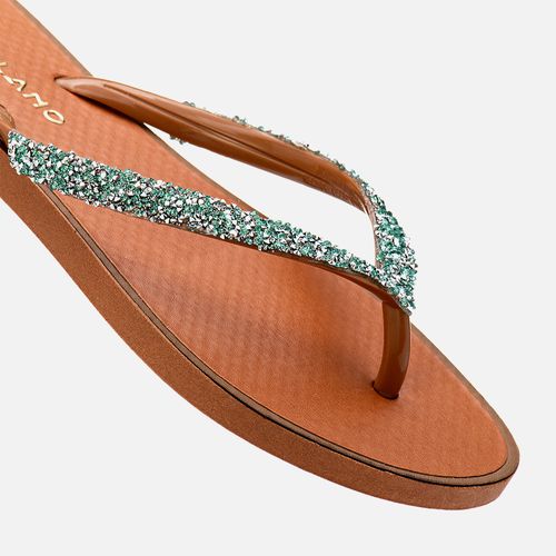 Sandália tipo Chinelo Emborrachado de Dedo Brilho Mix Pedrarias Cristais Esferas Tira Texturizada com Vira Feminino Milano Azul 13866