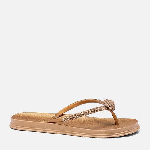 Sandália Tipo Chinelo Papete Aberta Brilho Strass Detalhe Flor Solado Emborrachado Macio Anatômico Conforto Feminino Milano Bronze 14006