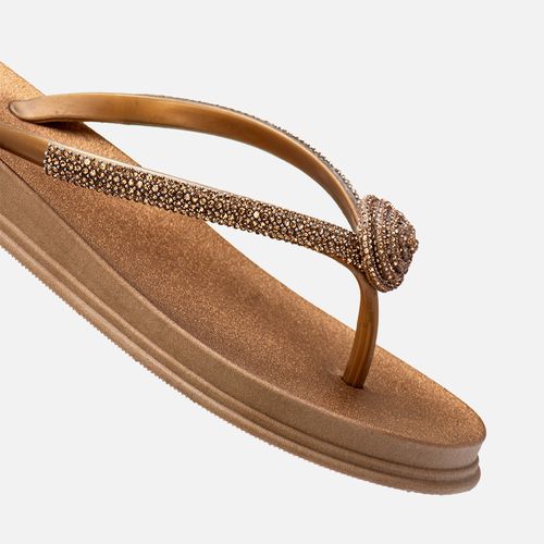 Sandália Tipo Chinelo Papete Aberta Brilho Strass Detalhe Flor Solado Emborrachado Macio Anatômico Conforto Feminino Milano Bronze 14006