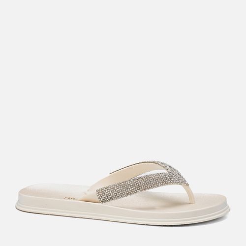 Sandália Tipo Chinelo Papete Aberta Brilho Manta de Strass Solado Emborrachado Macio Anatômico Conforto Feminino Milano Off White 14009