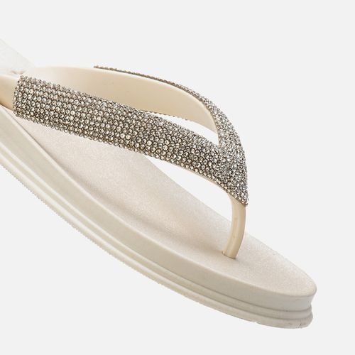 Sandália Tipo Chinelo Papete Aberta Brilho Manta de Strass Solado Emborrachado Macio Anatômico Conforto Feminino Milano Off White 14009