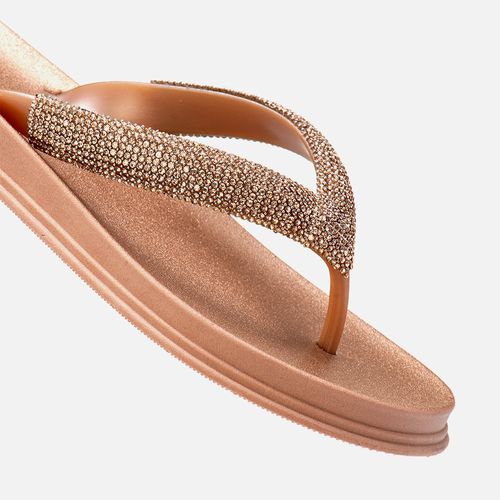Sandália Tipo Chinelo Papete Aberta Brilho Manta de Strass Solado Emborrachado Macio Anatômico Conforto Feminino Milano Champagne 14009