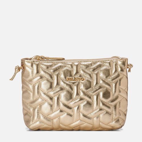 Bolsa Tiracolo Feita em Couro Legítimo Pequena Mini Bag Alça Transversal Couro Matelassê Geométrico Feminina Milano Ouro Light 14050