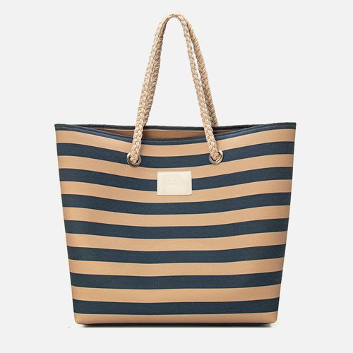 Bolsa Sacola Praia ou Shopping Bag Extra Grande em Tecido Listrado tipo Marinheiro Alça de Ombro em Corda Trançada Feminina Milano Bege/marinho 14021
