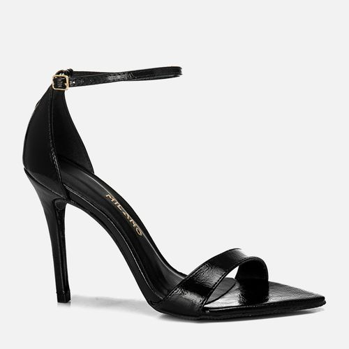Sandália Salto Alto Fino Bico Folha Tornozeleira Orgânica Metalizada Cromada Feminino Milano Preto 13936