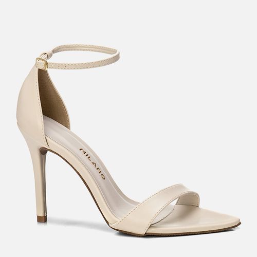 Sandália Salto Alto Fino Bico Folha Tornozeleira Orgânica Metalizada Cromada Feminino Milano Off White 13936