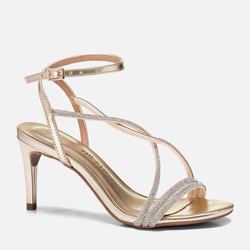 Sandália Festa de Salto Alto fino, Bico Arredondado Tiras Brilho Manta de Strass Cruzadas em X Feminino Milano Ouro Light 13888