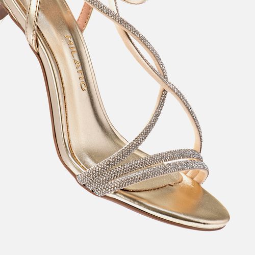 Sandália Festa de Salto Alto fino, Bico Arredondado Tiras Brilho Manta de Strass Cruzadas em X Feminino Milano Ouro Light 13888
