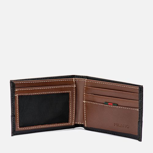 Carteira Feita em Couro Napa Soft 1 Porta Cédula 4 Porta Cartão 1 Documento Sem Zíper Masculinas Milano Preto/ Dark Tan 13847