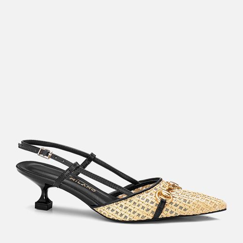 Scarpin Kitten Heel Salto Taça Baixo Tramado Natural Palha com Tira Slingback e Fivela Feminino Milano Preto 13673