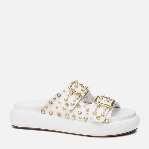 Sandália Papete Sola Ultra Alta Puffer Mix Metais Tachas Esferas Maxi Fivela  Feminino Milano Branco 13725