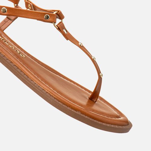 Sandália Rasteira Macia com Tiras Boho Finas com Aplicação de Brilho em Metais Esferas e Rebites e Cruzadas em Elo  Feminino Milano Amber 14101