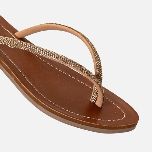 Sandália Rasteira Fechada de Dedo tipo Chinelo com Tira Estruturada com Aplicação de Brilho em Manta de Strass  Feminino Milano Whisky 14147