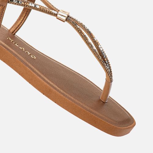 Sandália Rasteira tipo Chinelo de Dedo com Brilho em Mix de Pedrarias e Micro de Strass Multicolor Calce Prático Feminino Milano Bronze 14096