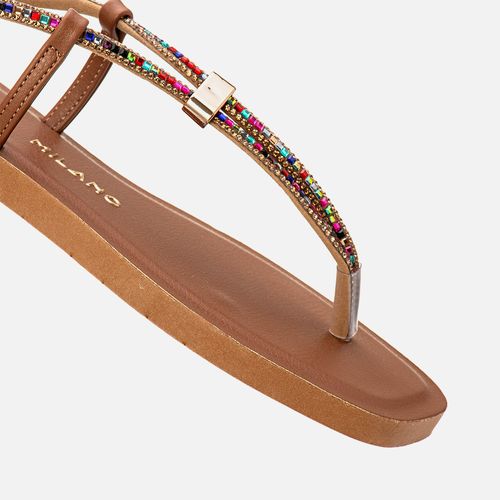 Sandália Rasteira tipo Chinelo de Dedo com Brilho em Mix de Pedrarias e Micro de Strass Multicolor Calce Prático Feminino Milano Caramelo 14096
