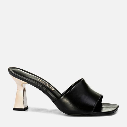 Sandália Tamanco Aberto com Salto Alto Flare Metalizado Dourado Bico Quadrado e Tira Larga Slide  Feminino Milano Preto 14108
