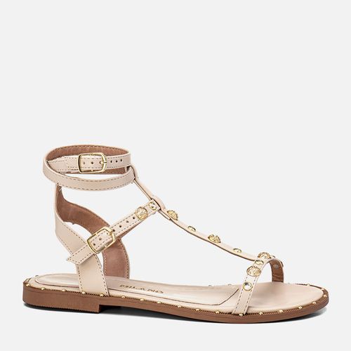 Sandália Rasteiras Gladiadora Tachas Spike Pirâmide Tiras Finas Feminino Milano Off White 13517
