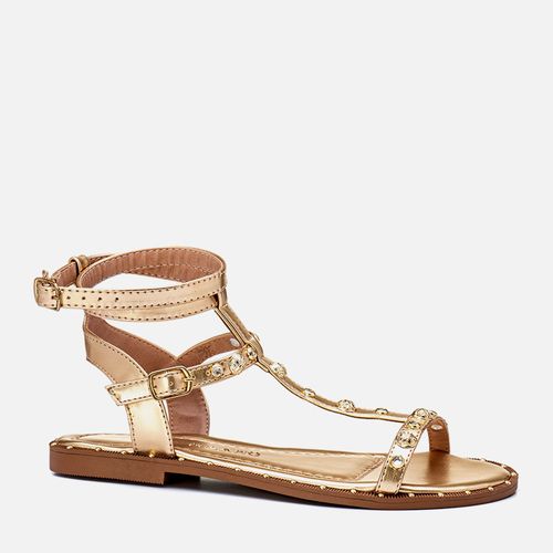 Sandália Rasteiras Gladiadora Tachas Spike Pirâmide Tiras Finas Feminino Milano Ouro 13517