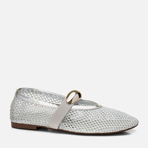 Sapatilha Fechada Tela Tramado Transparencia Mesh Tira Elástica Peça Metálica Cromada Bico Redondo Feminino Milano Prata 13923