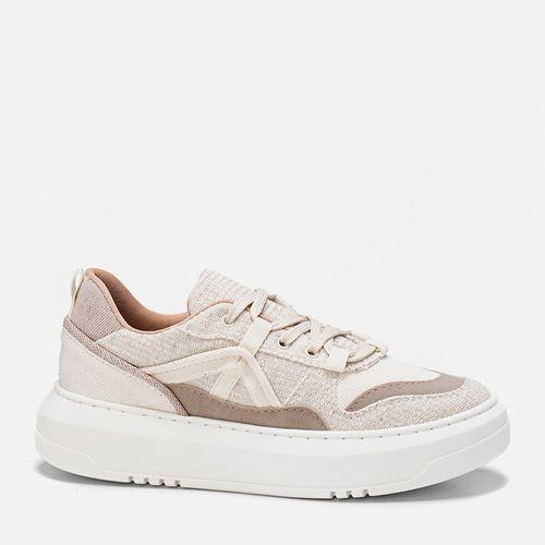 Tênis Solado Flatform Alto Mix de Tecidos Jeans e Material Tramado Natural Feminino Milano Off White 13931