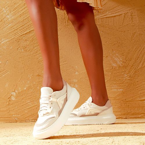 Tênis Solado Flatform Alto Mix de Tecidos Jeans e Material Tramado Natural Feminino Milano Off White 13931