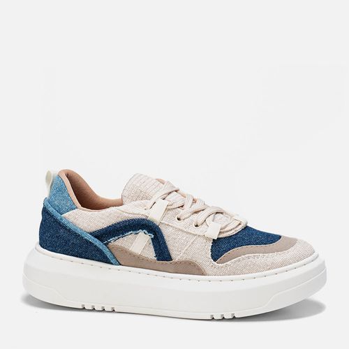 Tênis Solado Flatform Alto Mix de Tecidos Jeans e Material Tramado Natural Feminino Milano Jeans 13931