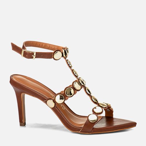 Sandália de Salto Alto Fino Bico Folha Tiras Recorte à Laser Cruzadas no Pé com Metais Estilo Boho Medalhas Douradas  Feminino Milano Marrom 14089