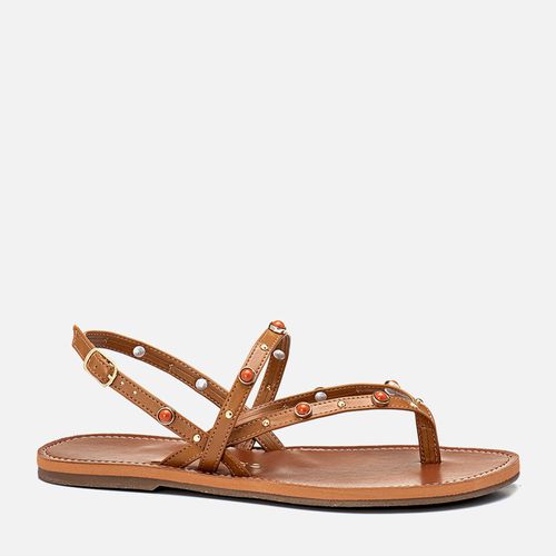 Sandália Rasteira Tiras com Tachas Metal Esfera e Mini Rebites Feminino Milano Light Tan 13837