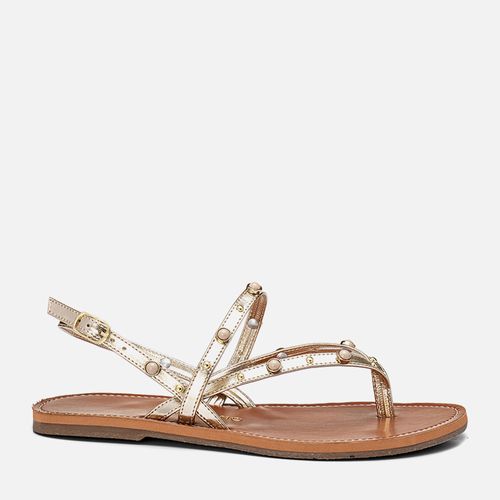 Sandália Rasteira Tiras com Tachas Metal Esfera e Mini Rebites Feminino Milano Ouro Light 13837