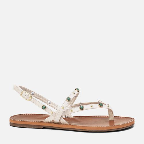 Sandália Rasteira Tiras com Tachas Metal Esfera e Mini Rebites Feminino Milano Off White 13837