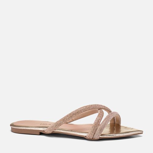 Sandália Rasteira Bico Folha Tiras Brilho Manta de Strass Feminino Milano Ouro Light 13906