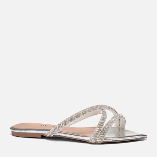 Sandália Rasteira Bico Folha Tiras Brilho Manta de Strass Feminino Milano Prata 13906