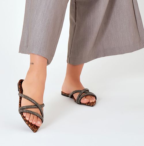 Sandália Rasteira Bico Folha Tiras Brilho Manta de Strass Feminino Milano Prata 13906