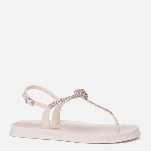 Sandália Tipo Chinelo Papete Fechada Brilho Strass Detalhe Flor Solado Emborrachado Macio Anatômico Conforto Feminino Milano Off White 14007