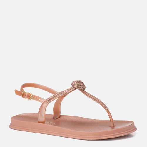 Sandália Tipo Chinelo Papete Fechada Brilho Strass Detalhe Flor Solado Emborrachado Macio Anatômico Conforto Feminino Milano Champagne 14007